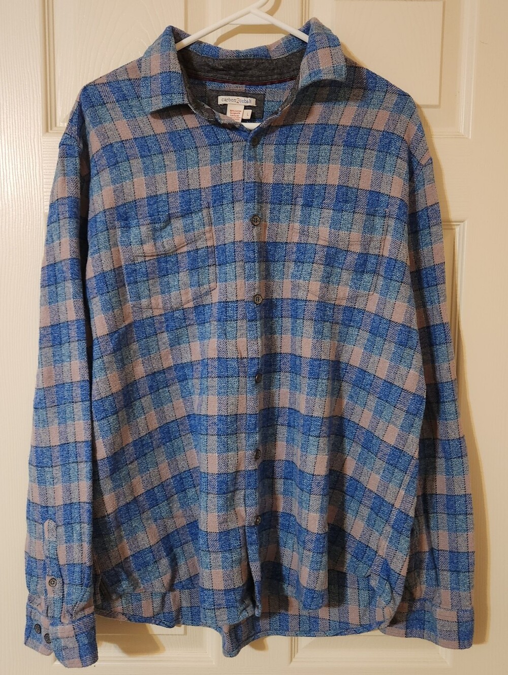 carbon2cobalt Men's L Blue Gray Plaid 100%  Cotton Flannel Pocket Button-Up